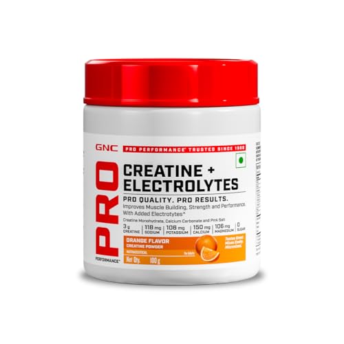 Image of GNC Creatine+ Electrolytes | 3g Creatine Monohydrate + Sodium, Potassium, Calcium, Magnesium | Boosts Muscle Growth, Hydration, Energy & Recovery | Zero Sugar | 100% Veg | 100g | Orange