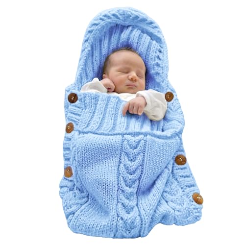 Image of XMWEALTHY Newborn Baby Wrap Swaddle Blanket Knit Sleeping Bag Sleep Sack Stroller Wrap for Baby Light Blue 0-6 Month