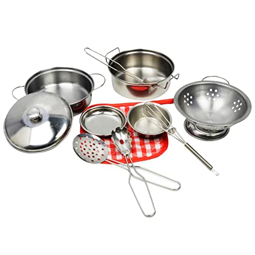 Perfeclan 10pcs Kids Stainless Steel Cooking Utensils Playset, Pretend Play Kitchen Accessories Set, Pretend Cooking Toy