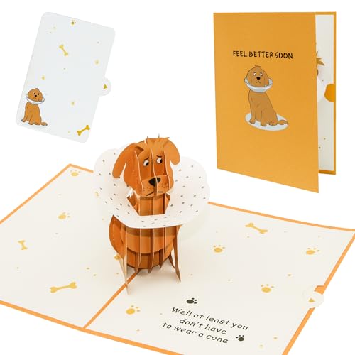 Hoojoot Funny Get Well Soon Pop Up Card - 3D Dog with Cone Greeting Card for Surgery Recovery & Sick Friend - Cute Thinking of You Gift for Dog Lovers - Humorous Encouragement - Envelope Included