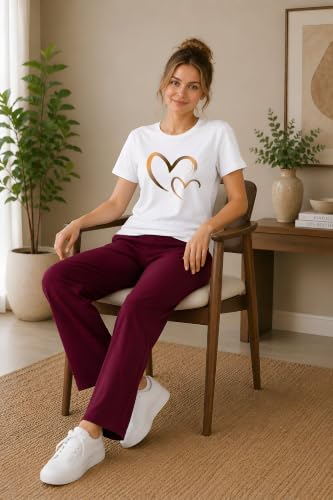 Image of ELVIA Women's Pure Cotton Top and Pyjama Co-Ord Set | Double Heart Graphic Printed Night Suit | Regular Fit Half Sleeve Round Neck T-Shirt with Pajama Sleepwear Loungewear Set