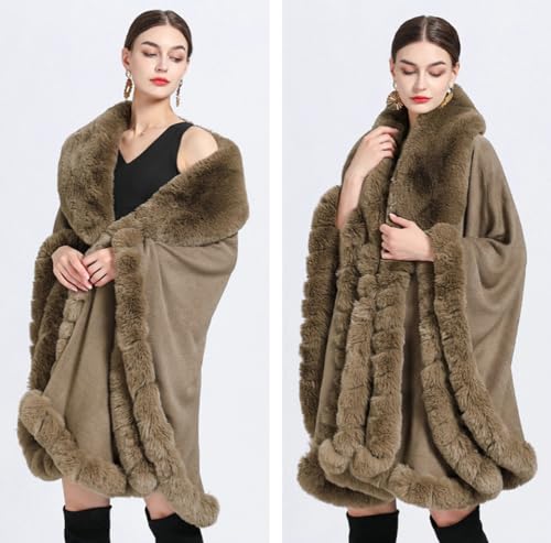 Image of Women Poncho Cape Faux Fur Collar Knitted Cardigan Sweater Batwing Long Sleeve Shawl Wrap Coat Oversized Cloak