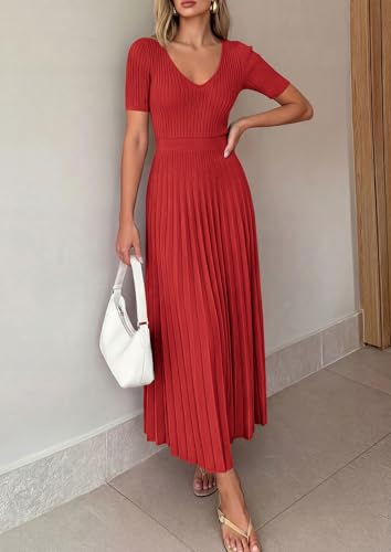 Image of PRETTYGARDEN Women's 2026 Spring Midi Sweater Dresses Elegant Pleated Ribbed Knit Short Sleeve V Neck A Line Summer Outfits