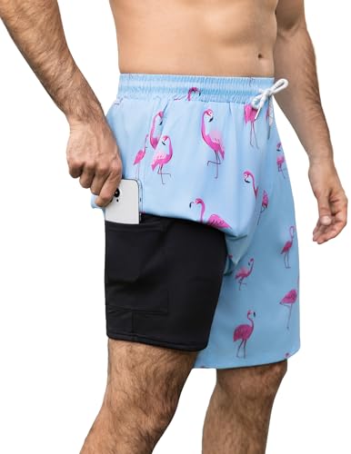 Aprolive 2 in 1Mens Shorts 7 Inch Men Swim Shorts Summer Beach Loose Fit Lightweight Swimwear with Zipper Pockets(Blue Flamingo,XX-Large)
