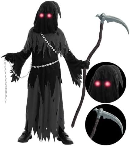 Spooktacular Creations - Child Unisex Glowing Eyes Reaper Costume for Creepy Phantom - Halloween Costume