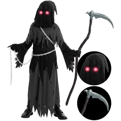 Spooktacular Creations Glowing Eyes Grim Reaper Costume for Kids, Halloween Costume for Boys, Halloween, Dress-up Party