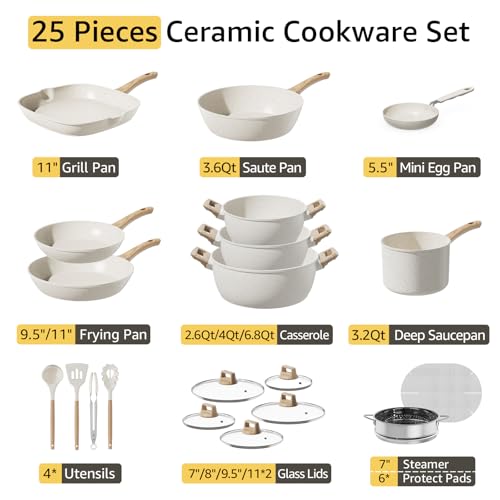 Image of 25Pcs Pots and Pans Set Non Stick, Ceramic Cookware with Titanium-Reinforced Nonstick Coating, PFAS-Free & Induction Ready, Long-Lasting Performance, Full Kitchen Set with 3 Casseroles