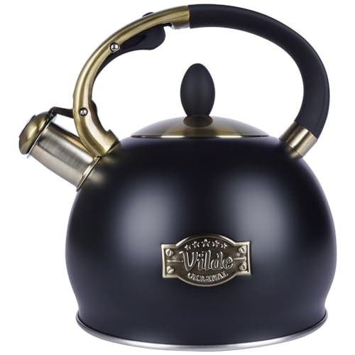 Vilde Bouilloire classique en acier inoxydable à induction - 3 l - Noir mat / or vieilli - Poignée douce au toucher - Sifflet automatique - Chauffage rapide - Pour tous les types de feux - Économie