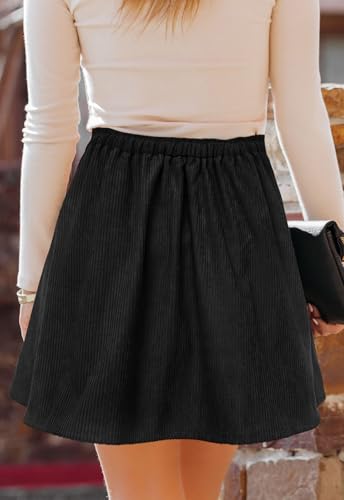 Herbatomia Women’S Black A-Line Short Skirt Button Front Pleated High Elastic Waist Corduroy Skater Skirts For Women With Pocket thumb #2