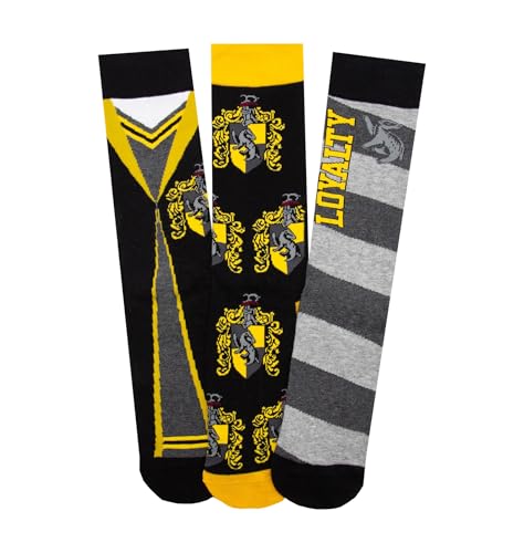 Harry Potter Hufflepuff Socks 3-Pack Adult S/M - Hogwarts Crest, Yellow Mix - Casual Crew...