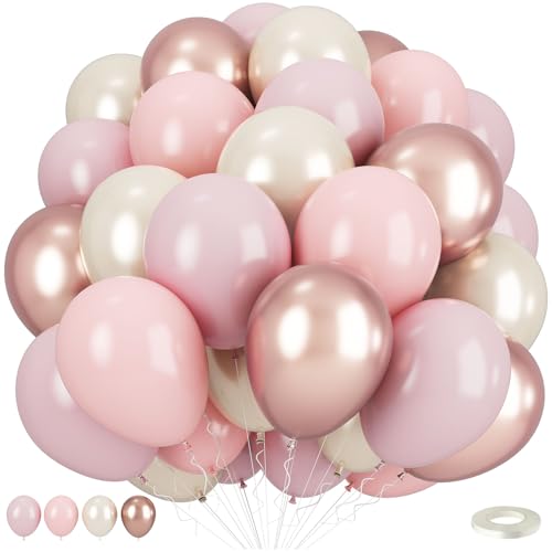 Dusty Pink Balloons, Blush Pink Metallic Rose Gold Double Stuffed Pearl White Balloon for Women Girls Boho Birthday Bridal Shower Baby Shower Wedding Engagement Party Decorations