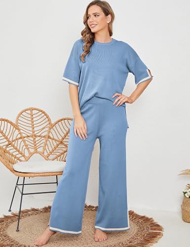 Image of Tanming Sweater Sets Women 2 Piece Lounge Sets Short Sleeve Knit Pullover Tops Wide Leg Pants