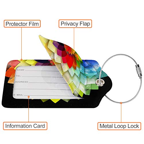 Image of 2Pcs Rainbow Flower Leather Luggage Tags, Travel ID Handbag Tag, Stainless Steel Loop, Privacy, Durable, Lightweight