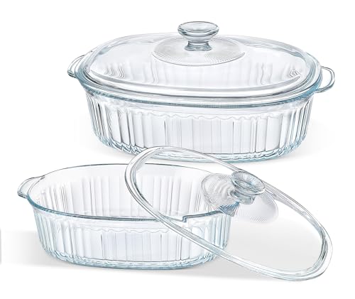 MAKTOR 2-Pack Glass Casserole Baking Dishes with Lids, 1.8L & 2.8L Oval Oven Safe Bakeware Set for Lasagna, Roasts, Leftovers - Microwave, Freezer & Dishwasher Safe