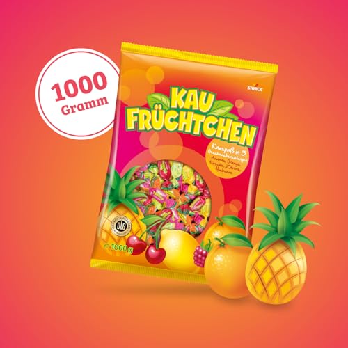 Kaufrüchtchen Bonbons – 1 x 1000 g Vorratspackung – Kaubonbons in fünf fruchtigen Geschmacksrichtungen – Süßigkeiten Mix einzeln verpackt und ideal zum Teilen