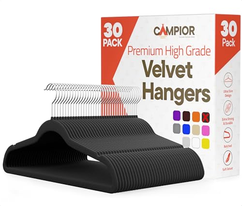Black Velvet Hangers 30 Pack – 360° Swivel Hook, Non-Slip and Space Saving Hangers, Heavy-Duty 11 lbs Weight Capacity – Smooth Velvet Finish for Crease-Free Clothes and Effortless Closet Organization