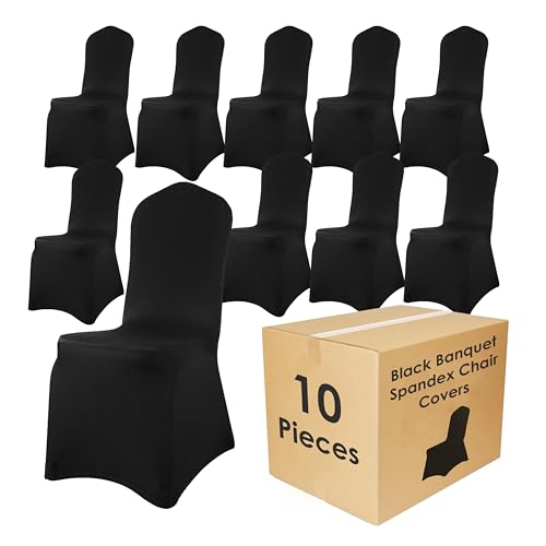 Craft And Party 10 Pack Black Spandex Chair Covers – Stretch Polyester Slipcovers for Wedding, Banquet, Party & Dining Chairs – Flat Front Design, Universal Fit