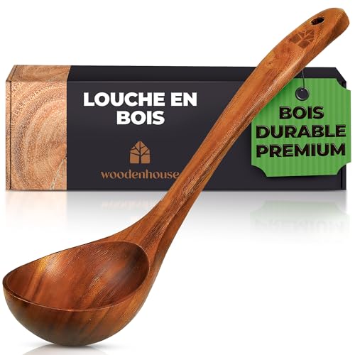 Louche en Bois de Teck Naturel - 31.5cm avec Crochet Pratique sur le Manche pour Rester sur la Casserole, Louche Bec Verseur, Cuillère en bois de cuisine antiadhésive et durable