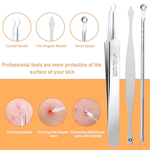 FNANJWQ 7 Pcs Pimple Popper Tool Kit Professional Stainless Steel Blackhead Remover Tools for Removing Zit on Face Comedone Extractor Squeezing Tools with Plastic Case for Skin Care - Thumbnail 3