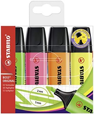 Highlighter - STABILO BOSS ORIGINAL Pastel - Pack of 4 - Mellow Coral Red, Cherry Blossom Pink, Cloudy Blue, Dash of Lime