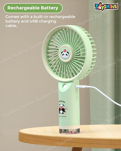 Image of Toyshine Cute Jolly Panda Design Portable Rechargeable Handheld Personal Short Handle Small Desk Fan with 3 speed Airflow & Water Spray Feather For Travel /Office /Desktop Kids Girls indoor Outdoor use