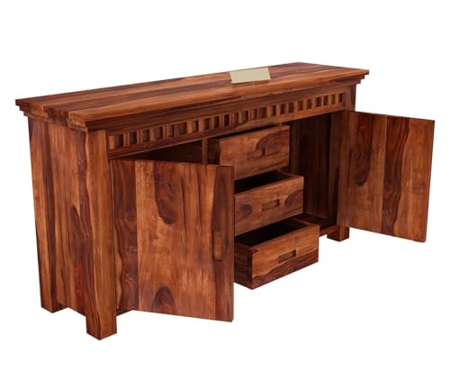 Image of Solid Sheesham Wood Natural Finish Furniture Sideboard Crockery Cabinet for Living Dining Room Console with 3 Drawer & 2 Door Storage Buffet Home Office Accent Table Kitchen Display Unit