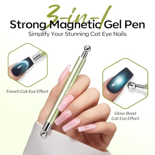 Image of modelones Cateye Gel Polish Nail Magnet Set, 6PCS Cat Eye Magnet Tool with Liner Nail Brush for Gel Swirl Nails Strong Magnetic Nail Art Wand, Glass Bead& French Tip for DIY Nail Lovers