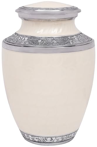 Image of ALPHA Living HOME Cremation Urns for Human Ashes - Adult Memorial Urn - Metal Funeral Urn with Elegant Finish - Secure Screw-Top Lid - Durable, Decorative Urn for Home 10.5 inch (Ivory Silver)