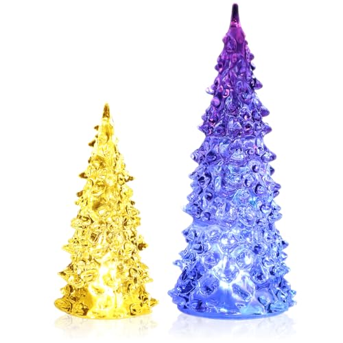 COM-FOUR® 2-piece decorative Christmas tree set made of acrylic with LED light - mood light for Christmas - battery-operated Christmas tree with color changing (2 pieces - colorful)