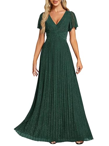 Image of Ever-Pretty Women's V-Neck Glitter Formal Dresses Pleated Short Sleeves Floor Length A-Line Mother of Bride Dress 11961