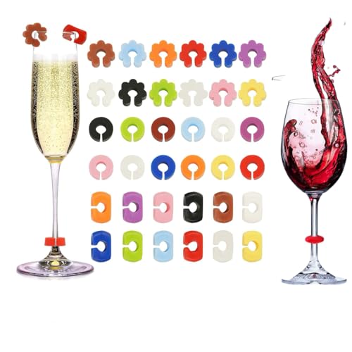 Marque Verre à Vin, 36PCS Marqueurs de Verre à Vin en Silicone pour Les verres à vin mesurent environ 2,5 à 3,5 cm (1 à 1,4 pouce) Verre et Tasse,pour Fête,Anniversaire,Noël,Carnaval, Banquet, Maria
