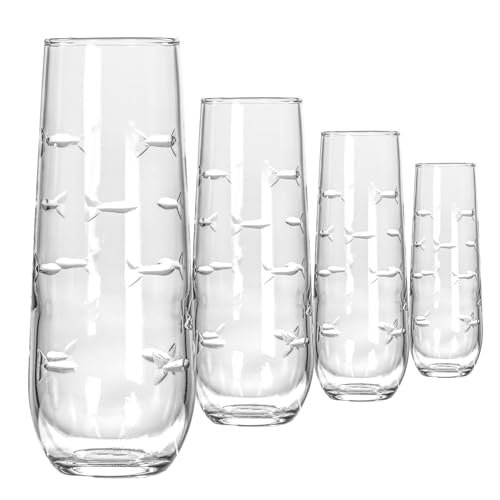 Rolf Glass School of Fish 8.5oz Stemless Champagne Flute Glasses | Toasting Flute Glasses | Lead-Free Glass | Etched Flute Glasses | Proudly Made in the USA (Set of 4)