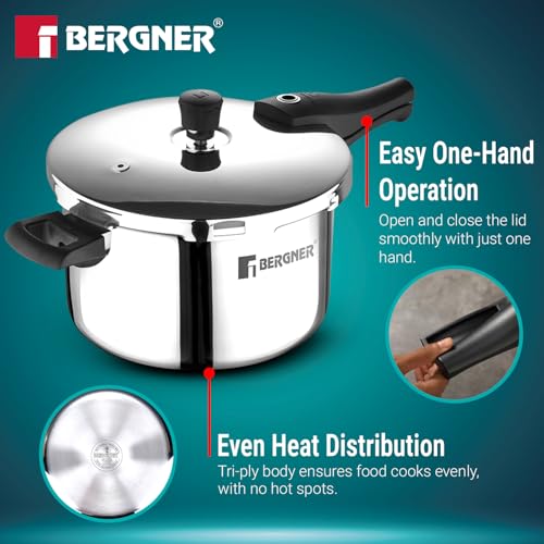 Image of Bergner Argent Elements Triply Stainless Steel 5.5 L Outer Lid Pressure Cooker, Healthy Cooking, Even Heat Distribution, Sturdy Handle, Easy Lock System, Safety Gasket - Induction and Gas Stove Ready
