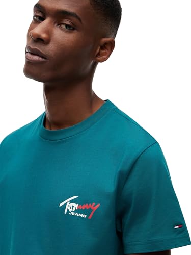 Tommy Jeans Herren T-Shirt Kurzarm Slim Sign Chest mit Logo, Grün (Polar Teal), XS – Ansicht 3