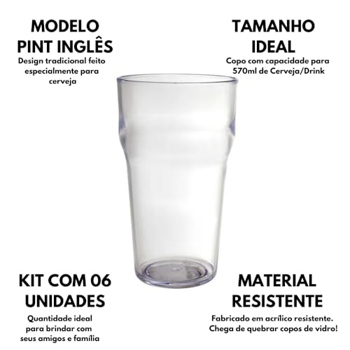 Kit Com 06 Copos Pint 570ml Transparente Em Acrílico Resistente Chopp Cerveja Pub Inglês Bar