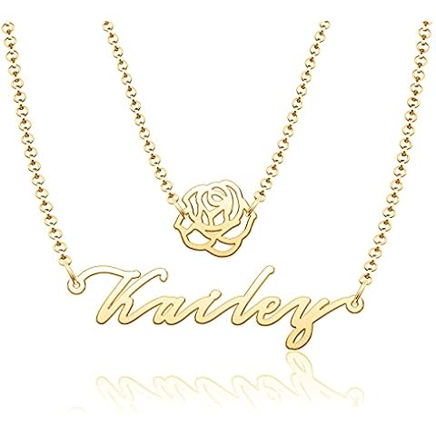 CoolJewelry Rose Flower Double Layered Choker Custom Name Necklace Personalized Jewelry Gifts Dainty Name Chain Customized Name Plate Necklace Pendant for Women Cover