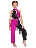 TiaoBug Mono De Baile Latino Para Niñas Maillot Brillante Sin Mangas Con Borlas Disfraz De Discoteca Hippie De Los Años 70 Rosa caliente 9-10 años
