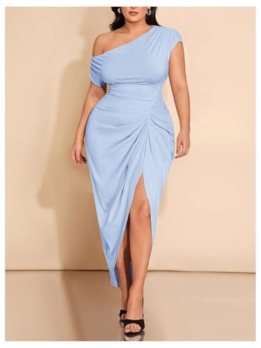 Image of Floerns Women's Plus Size Asymmetrical Neck Long Dress Ruched Slit Hem Cocktail Dress