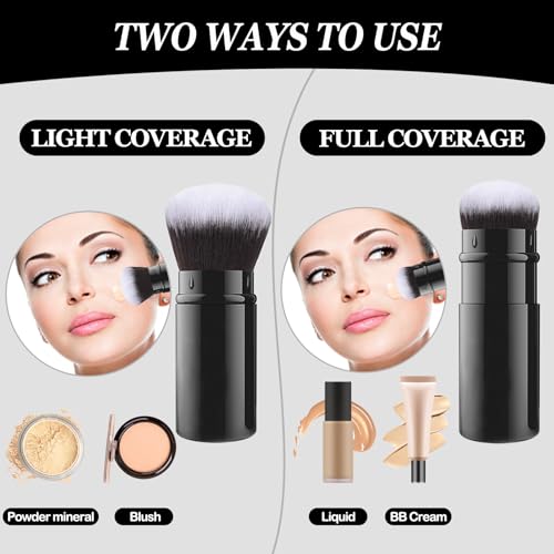 Image of Falliny Retractable Kabuki Makeup Brush, Travel Face Blush Brush, Portable Powder Brush with Cover for Blush, Bronzer, Buffing, Flawless Powder Cosmetics