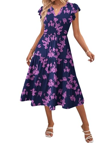 Zeagoo Womens Summer Casual Dresses Ruffle Sleeve V Neck Midi Dress Flowy Tiered Dress with Pockets Boho Sundresses