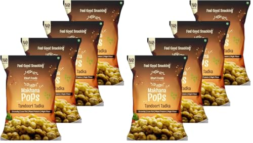 Image of Khari Foods Premium Flavoured Makhana 25g, Crunchy & Roasted Makhana Pops, Protein Source, Fibre Rich, No Palm Oil, Gluten Free (Tandoori Tadka Pack 4) (Pack of 2)