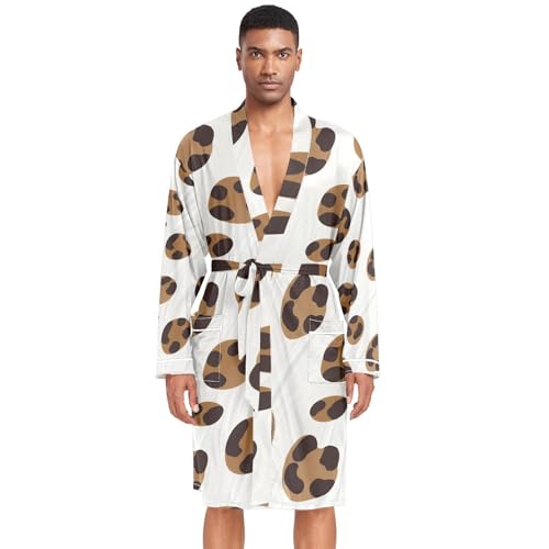 Brown Leopard Pattern on White Mens Night-Robe Lightweight Soft Bathrobe Sleepwear with Pockets