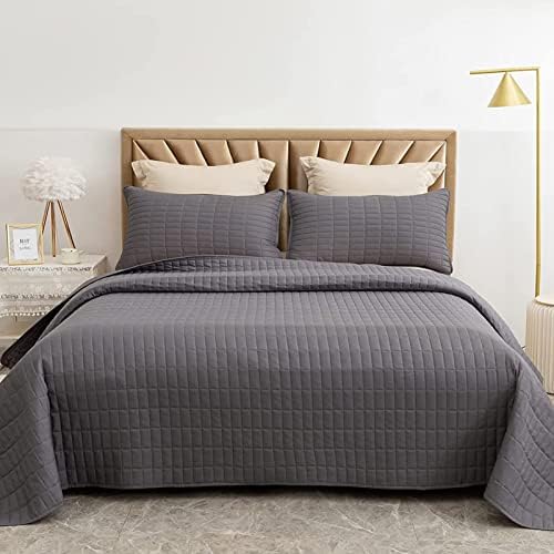 BYBYME 3 Pieces Oversized Quilt Set Bedspread(128"x120"), Reversible Lightweight Coverlet Bed Cover, Summer Comforter Set for All Season (Oversized King Plus(128x120), Dark Grey)