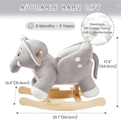 FUNLIO Elephant Baby Rocking Horse for Toddlers 6 Months to 3 Years, Cute & Graceful Grey Elephant Rocker for Baby Girl, Stuffed Plush Ride-on Rocking Animal, Easy to Assemble, CPC & CE Certified - Image 6