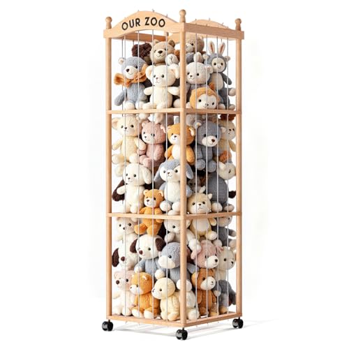 Jumvix Stuffed Animal Storage Zoo Tower Large Capacity Wooden Stuffed Animal Holder with Wheels Space-Saving Toy Storage Organizer Stuffy Plushies Storage for Nursery Playroom & Bedroom