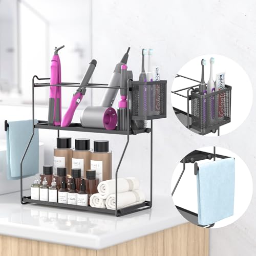 CLESOO 2-in-1 Bathroom Countertop Organizer & Hair Tools Organizer, 2 Tier Bathroom Organiser Storage with Basket and Toilet Paper Holder for Kitchen, Dresser, Vanity, Bathroom Countertop Storage