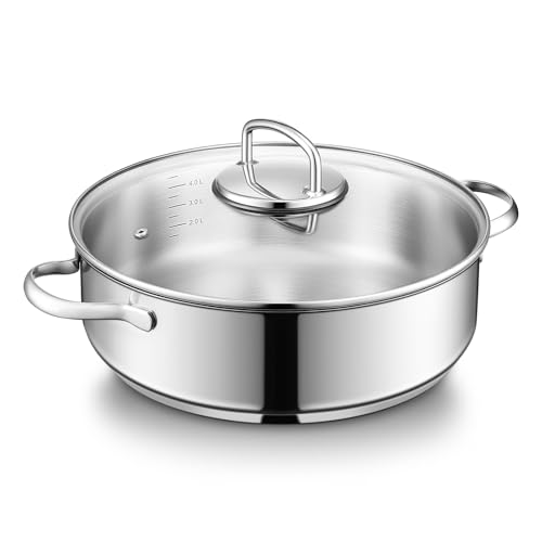 BEZIA Schmorpfanne 28 cm hoher Rand, 5,2L Schmortopf mit Deckel, Edelstahl 18/10 Unbeschichtet, Nietfrei mit Mengenanzeige, Pfanne für alle Herdarten, Servierpfanne geschmackserhaltend, Backofenfest