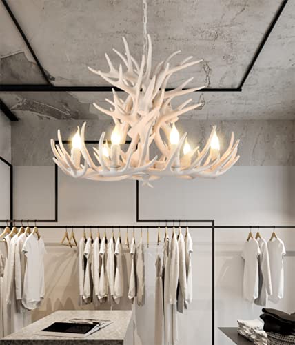 White Antler Chandelier, Bigmaii Farmhouse Rustic Deer Horn Chandelier Lighting Classic Candle Style, Cabin Vintage Large Pendant Lamp 9 Lights 18 Arms, Faux Antler Hanging Ceiling Light #TOP1