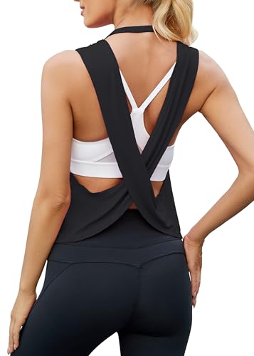 Mippo Workout Tops for Women Open Back Shirts Cropped Athletic Yoga Tank Tops Gym Clothes