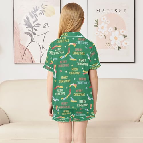 Satin Pajama Sets Short Sleeve Merry Christmas Pattern on Green Button Down Silky Nightwear 2 Piece PJS 5-14Y4